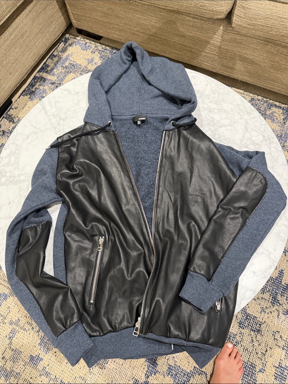 Wilfred Free.  Cotton & Faux Leather Zip-Up Hoodie. XS
